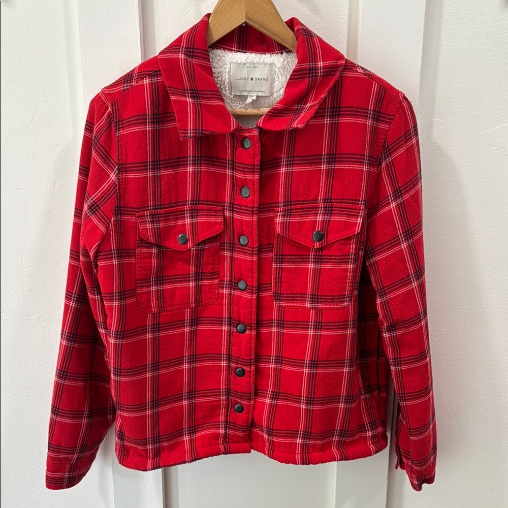 Lucky Brand Plaid, Red and Black Fall Jacket Cozy and Stylish Shearling